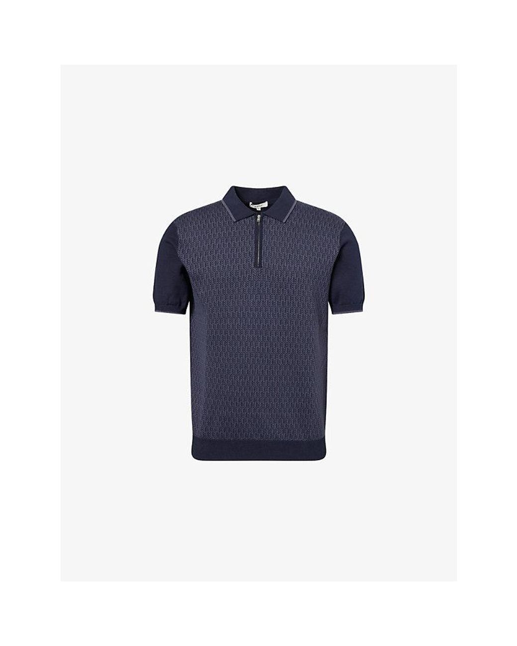 Arne Blue Herringbone Zip-Up Cotton-Knit Polo Top for men