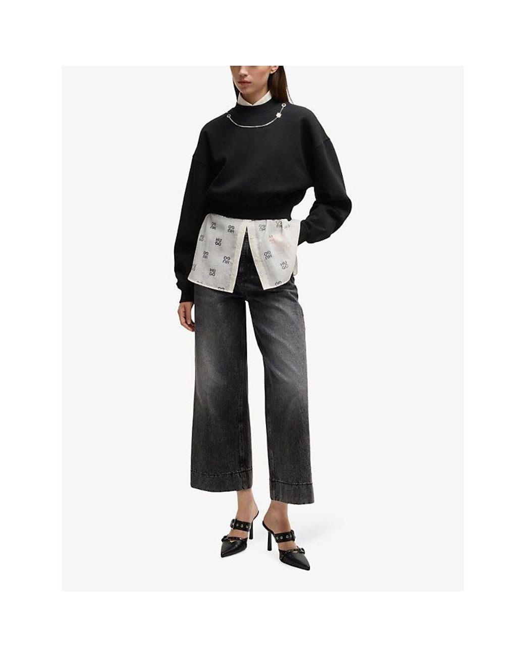 HUGO Black Chain-Embellished Cropped Stretch Cotton-Blend Sweatshirt