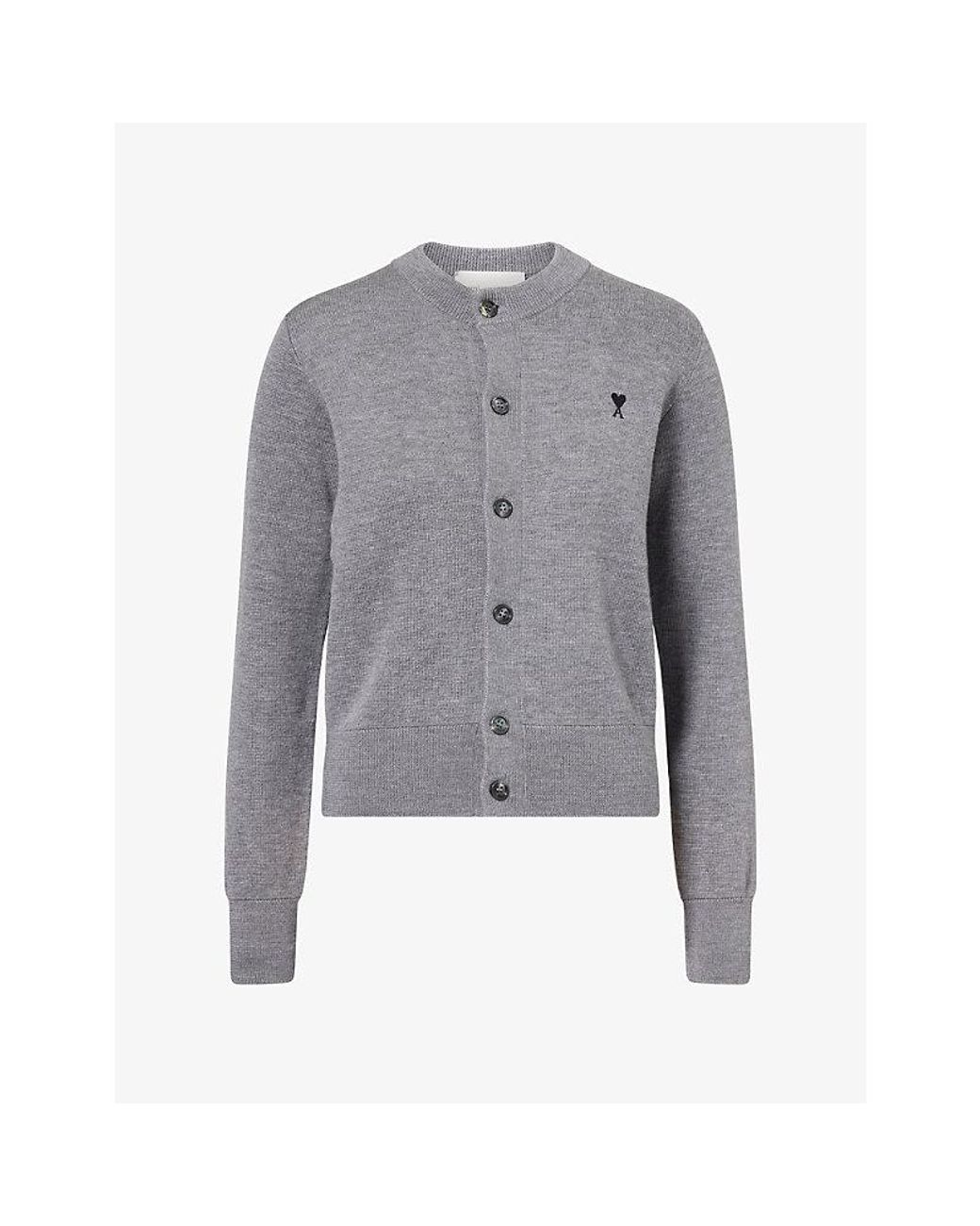 AMI Gray Ami De Coeur Crew Neck Wool Knit Cardigan