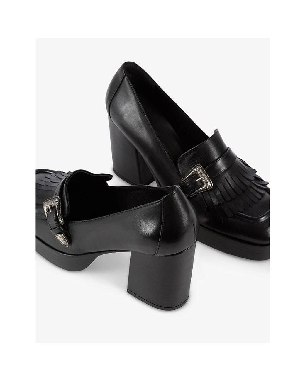 The Kooples Black Buckle-Embellished Fringed Heeled Leather Shoes