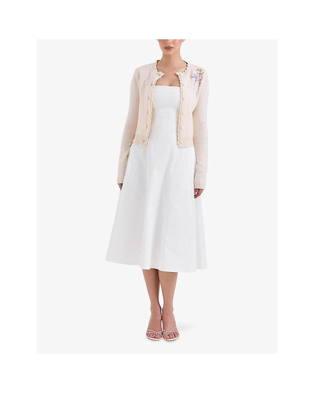 House Of Cb White Anjou Floral-Embroidered Wool Knitted Cardigan