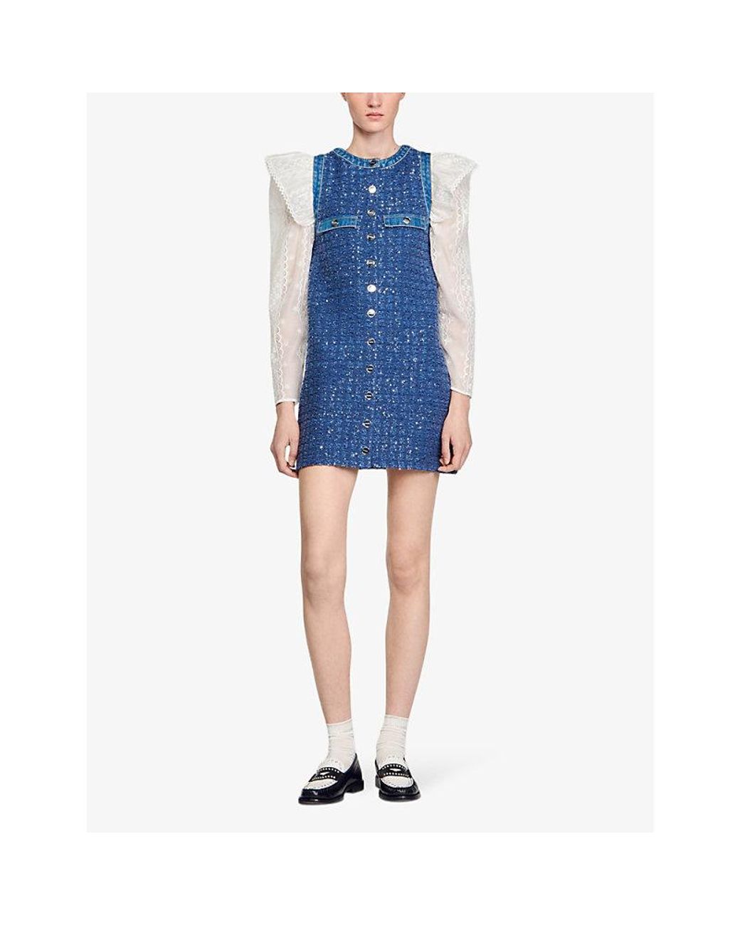 sandro seville denim trim tweed blazer mini dress Sandro Denim-Trim Tweed Mini Dress in Blue