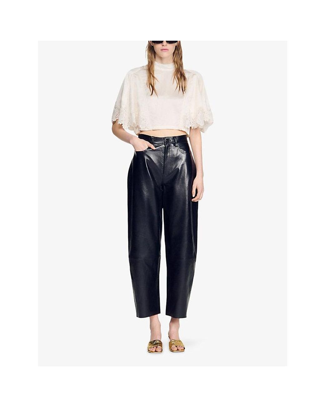 Sandro Natural Lace-Trim Cropped Satin Top