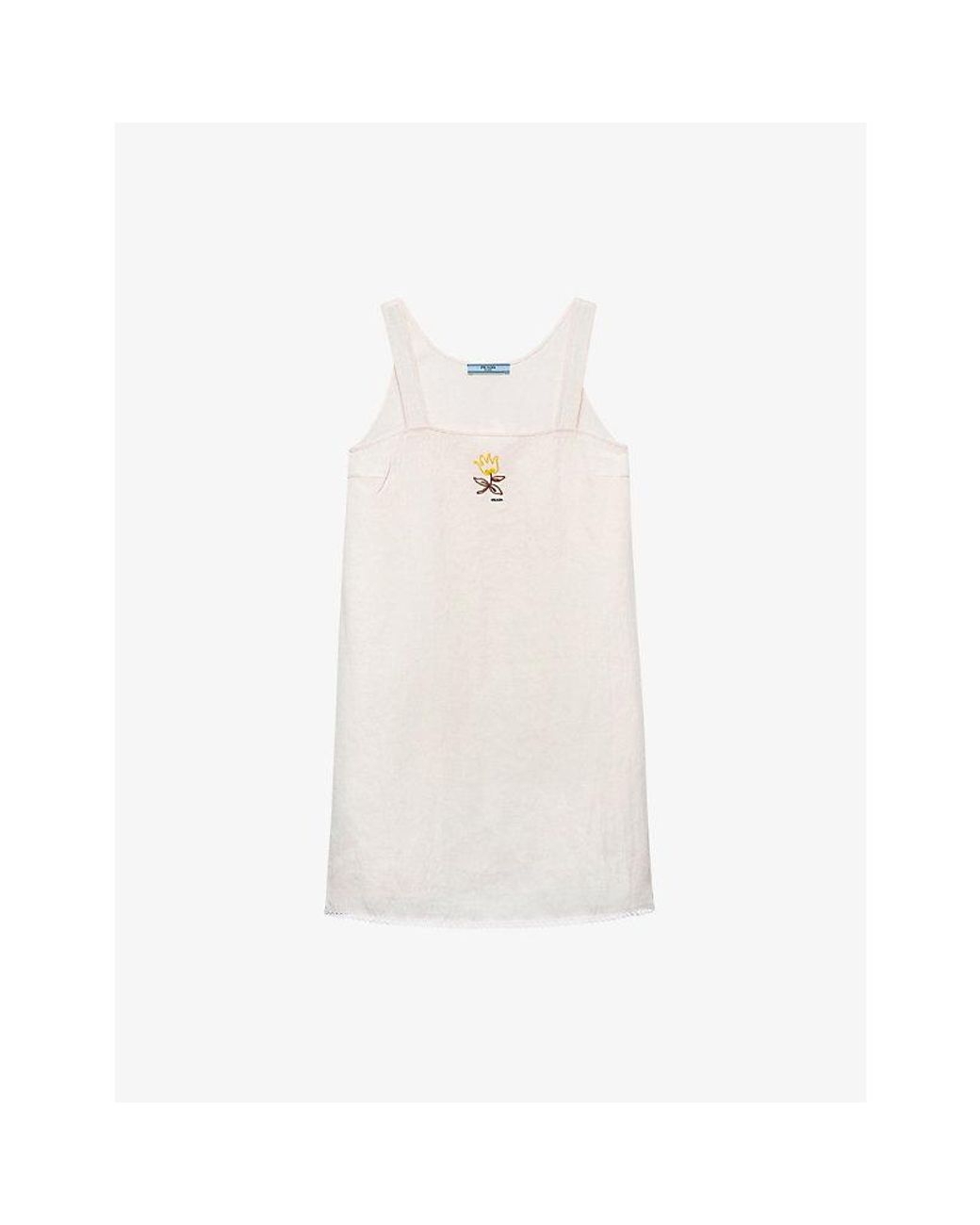 Prada White Embroidered Slubbed Linen Mini Dress