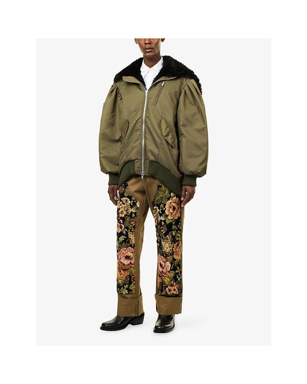 Simone Rocha Green Split Faux-Fur Hood Oversized Woven Bomber Jacket for men