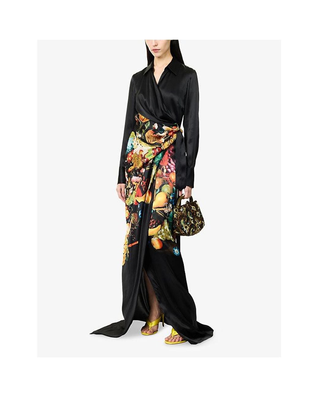 Dries Van Noten Black Dadea Floral Wrap Silk Maxi Dress