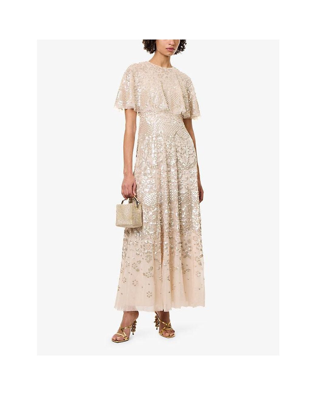 Needle & Thread Natural Snowdrop Sequin Cape Gown