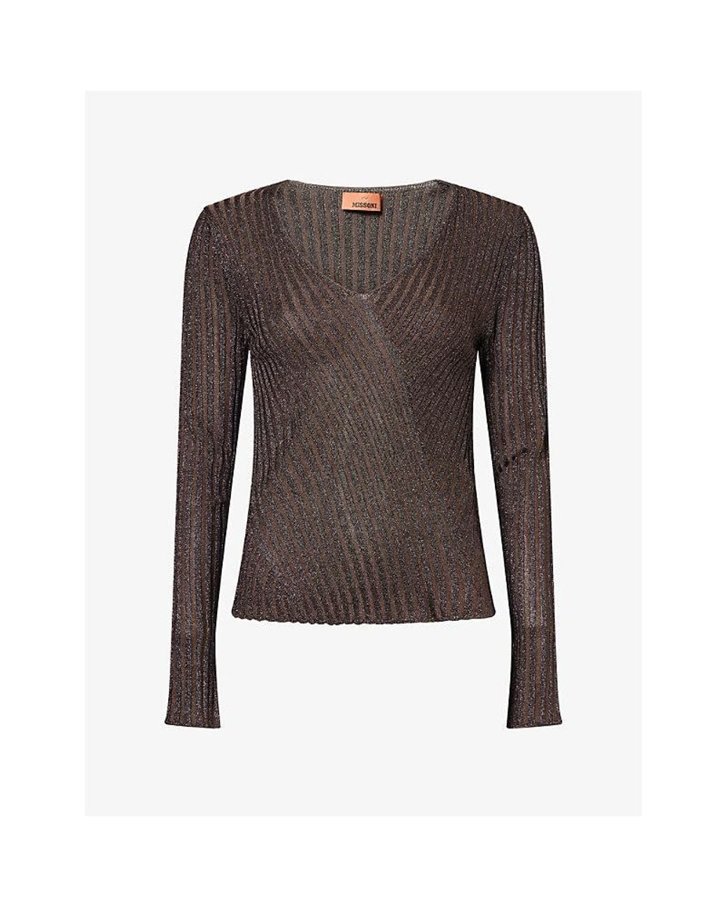 Missoni Brown V-Neck Metallic Rib-Knit Jumper