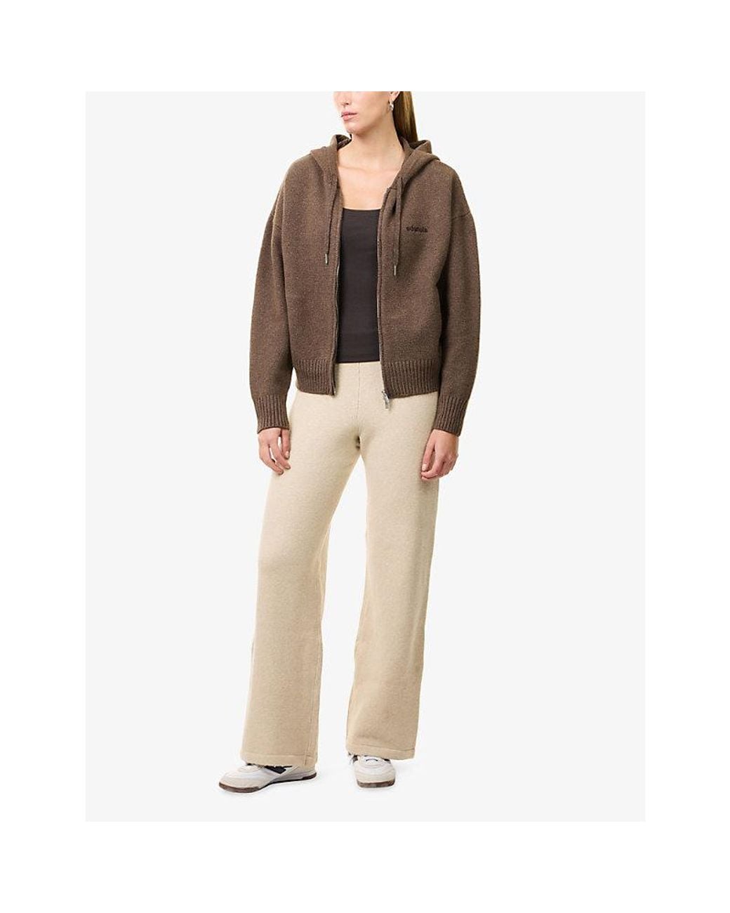 ADANOLA Brown Logo-Embroidered Zip-Up Cotton-Knit Hoody