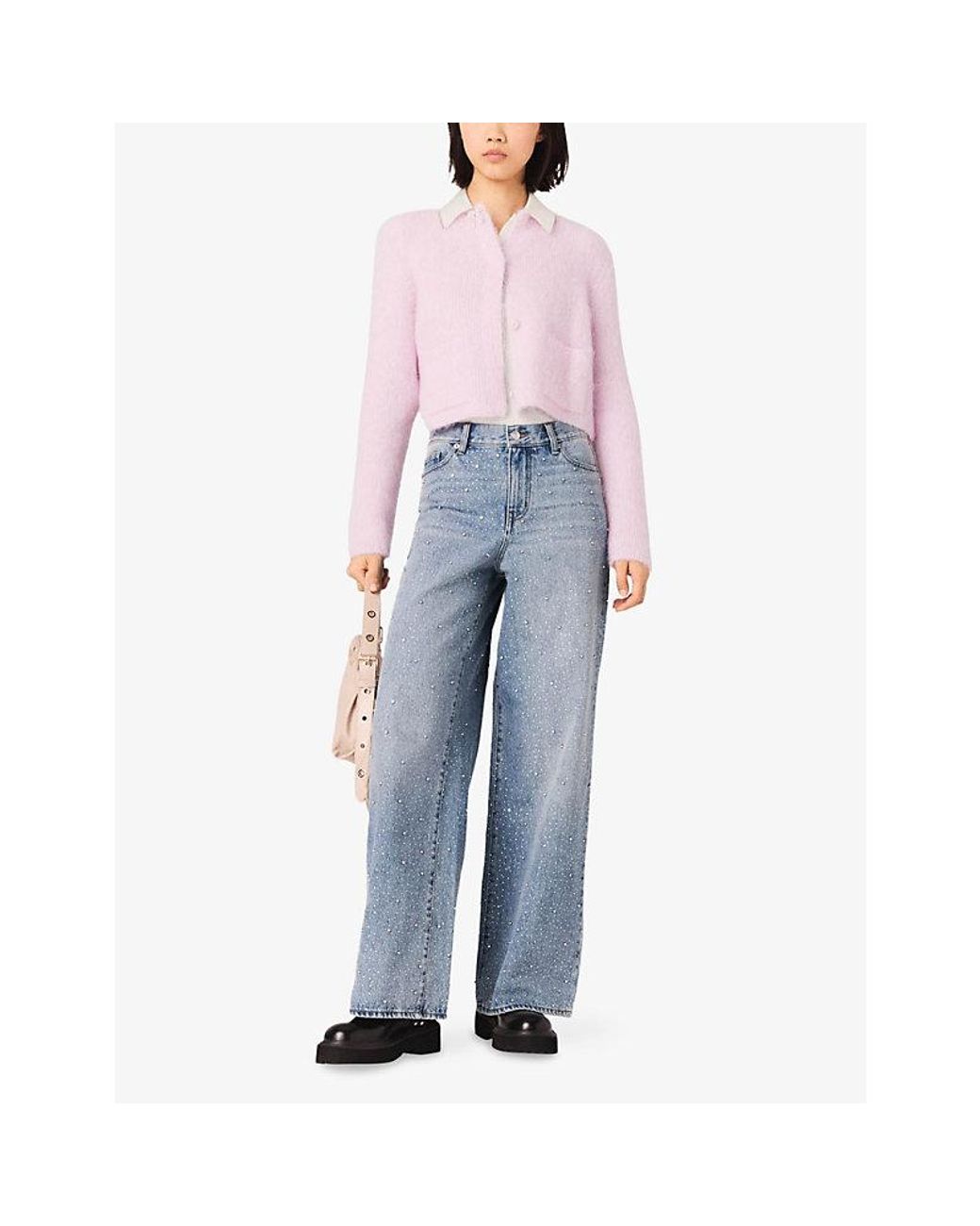 Maje Pink Bow-Embellished Ribbed Knitted Cardigan