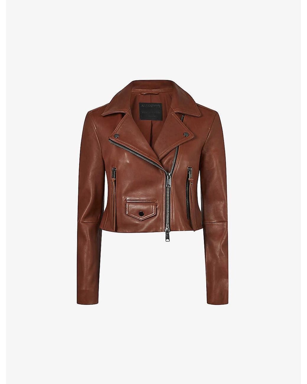 AllSaints Satin Elora Cropped Leather Biker Jacket in Tan Brown (Brown