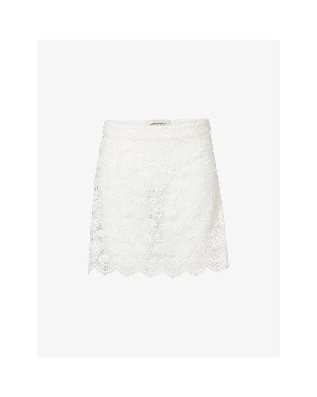 Atelier Ninety Five White Lace Scallop Hem Cotton-Blend Mini Skirt