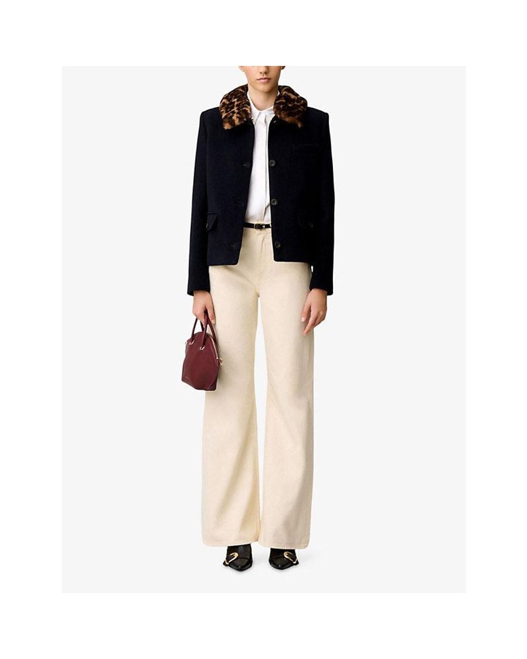 Claudie Pierlot Black Faux Fur-Collar Boxy-Fit Wool-Blend Jacket