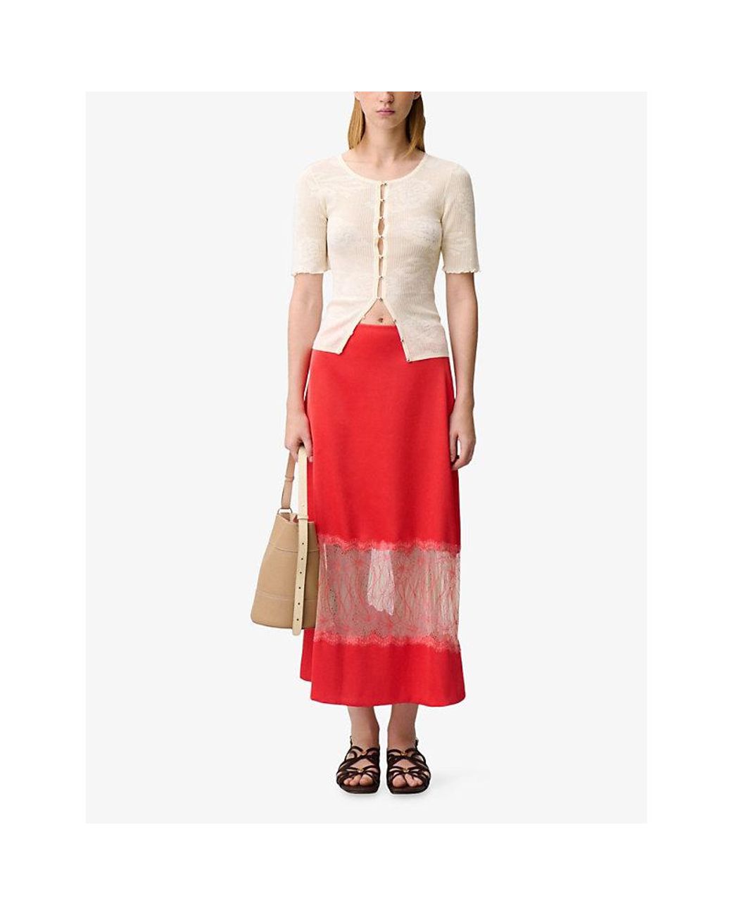 Claudie Pierlot Lace-Embroidered Satin Midi Skirt