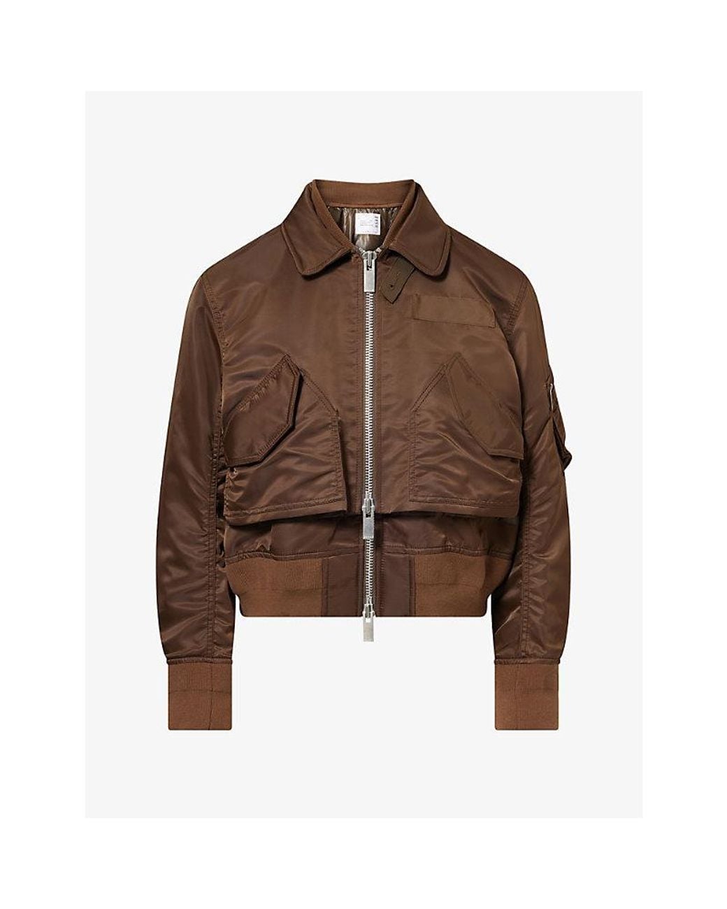 Sacai Brown Overlay Funnel-Neck Woven Jacket