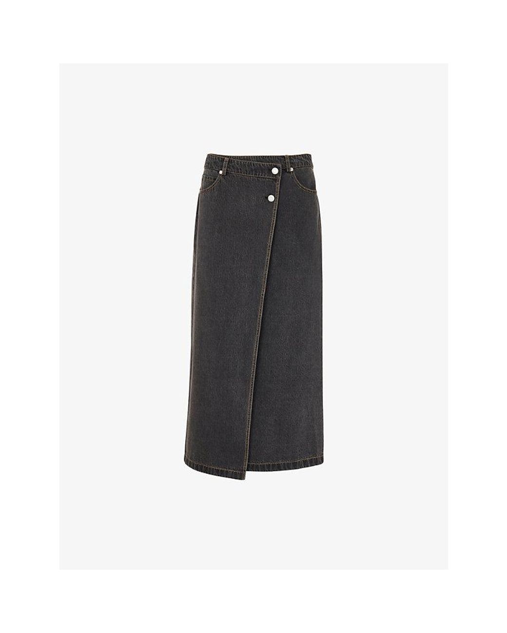 Whistles Black Wrap Button-Up Denim Midi Skirt