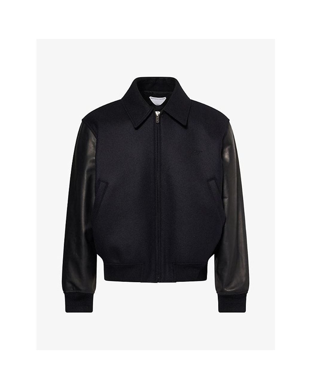 Bottega Veneta Black Embroidered Flat-Collar Wool And Leather Jacket for men