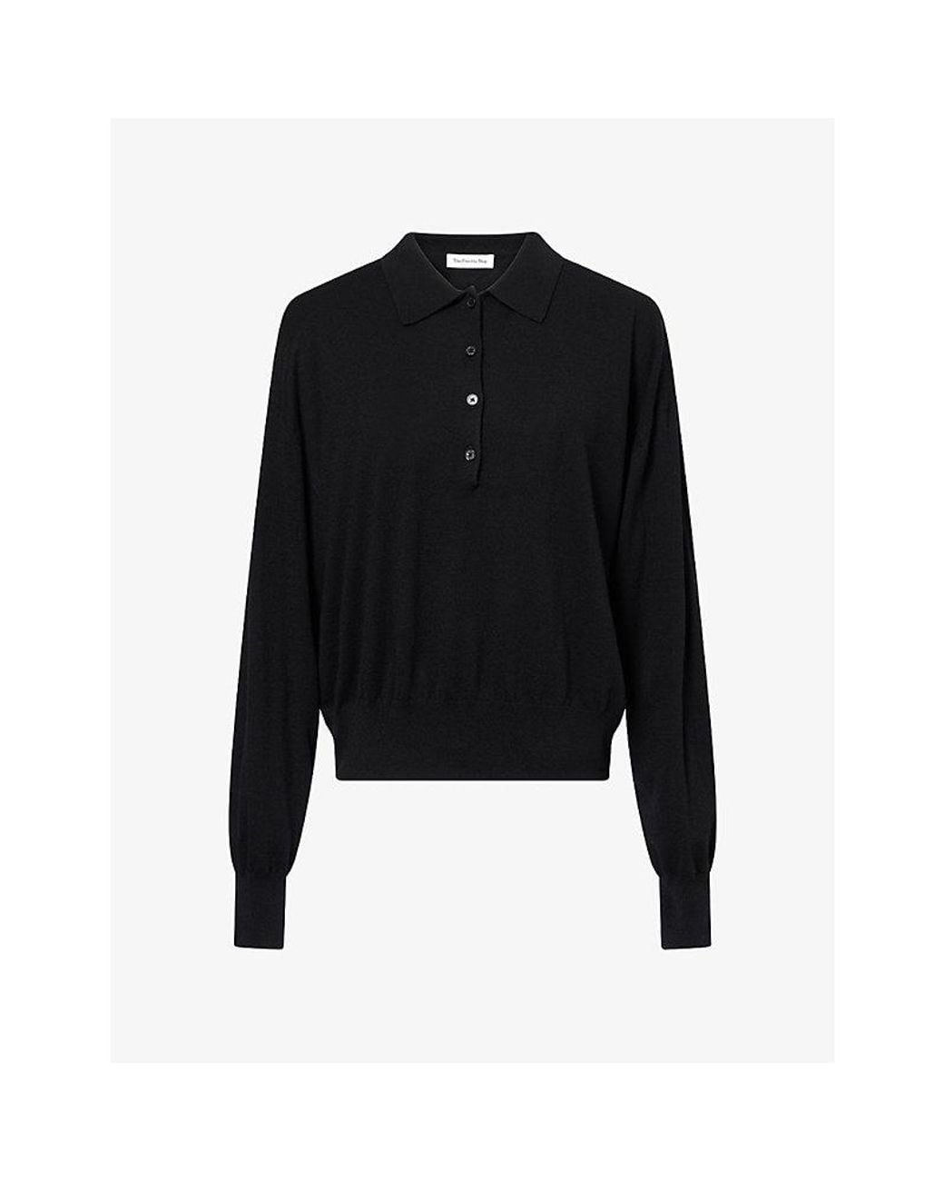 Frankie Shop Black Croydon Padded-Shoulder Wool-Blend Polo Top