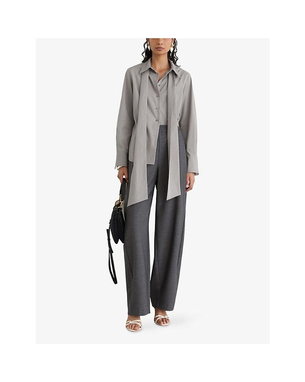 Reiss Gray Elowen Striped Tie-Neck Cotton Shirt