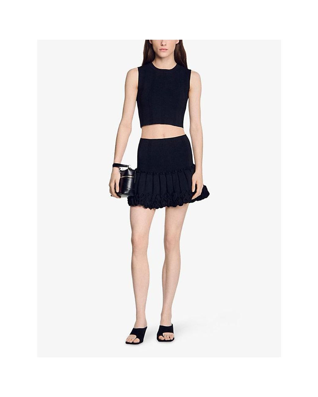 Sandro Black Cropped Ribbed Knitted Top