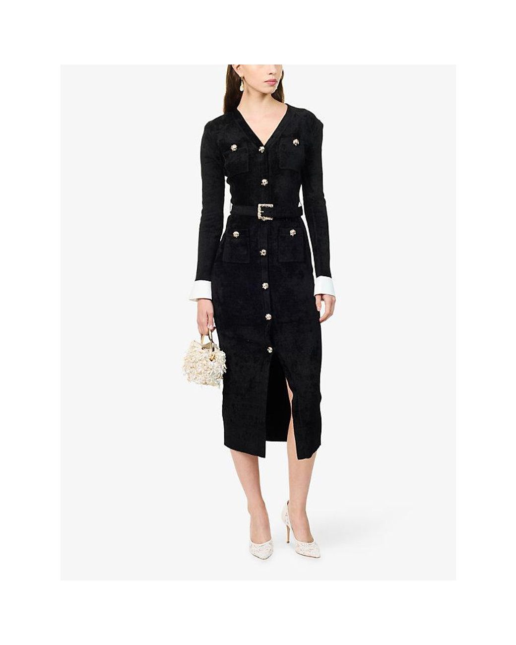 Self-Portrait Black V-Neck Belted Chenille Midi Dress