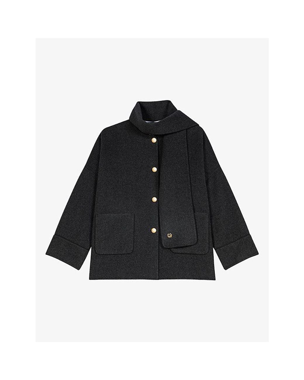 Maje Black Scarf-Detail Boxy-Fit Wool-Blend Coat