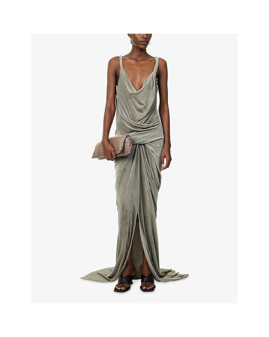 Rick Owens White Strutter Draped Velvet Maxi Dress