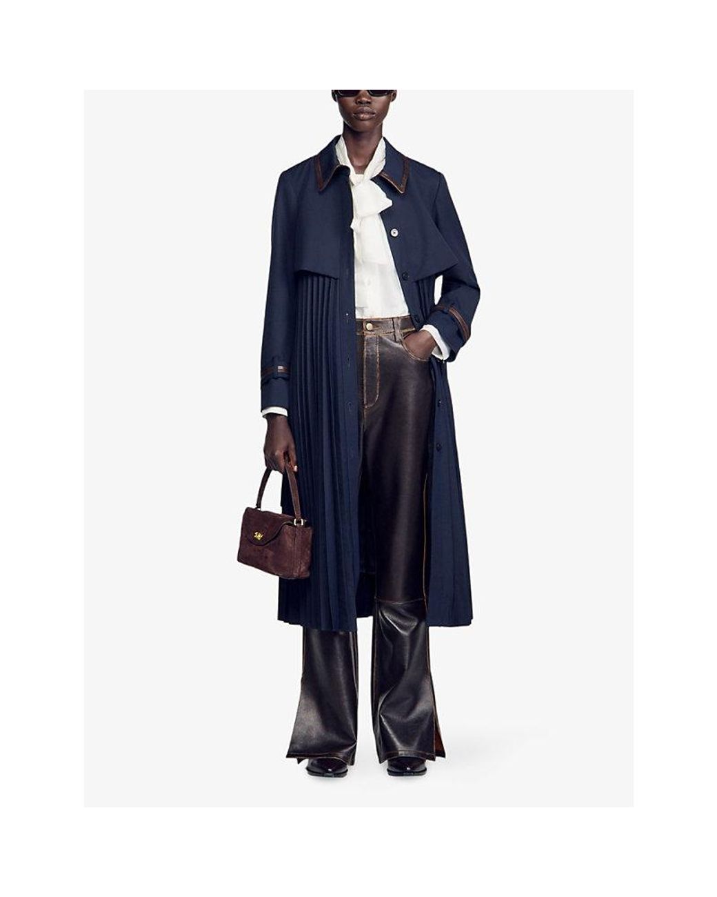 Sandro Blue Contrast-Collar Belted Wool-Blend Trench Coat