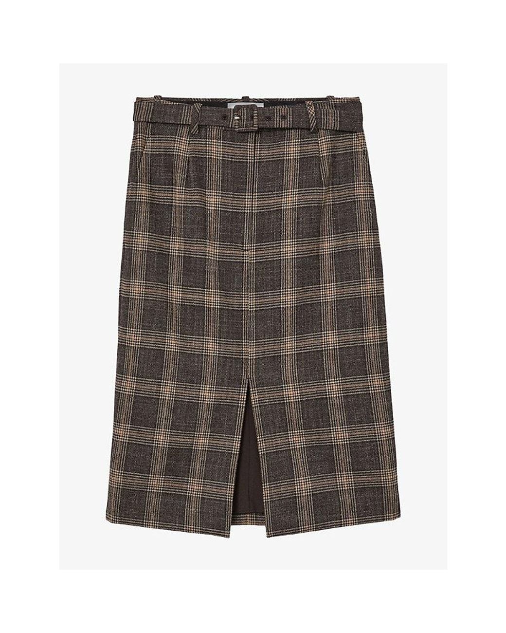 Reiss Gray Sandor Checked Wool-Blend Midi Skirt