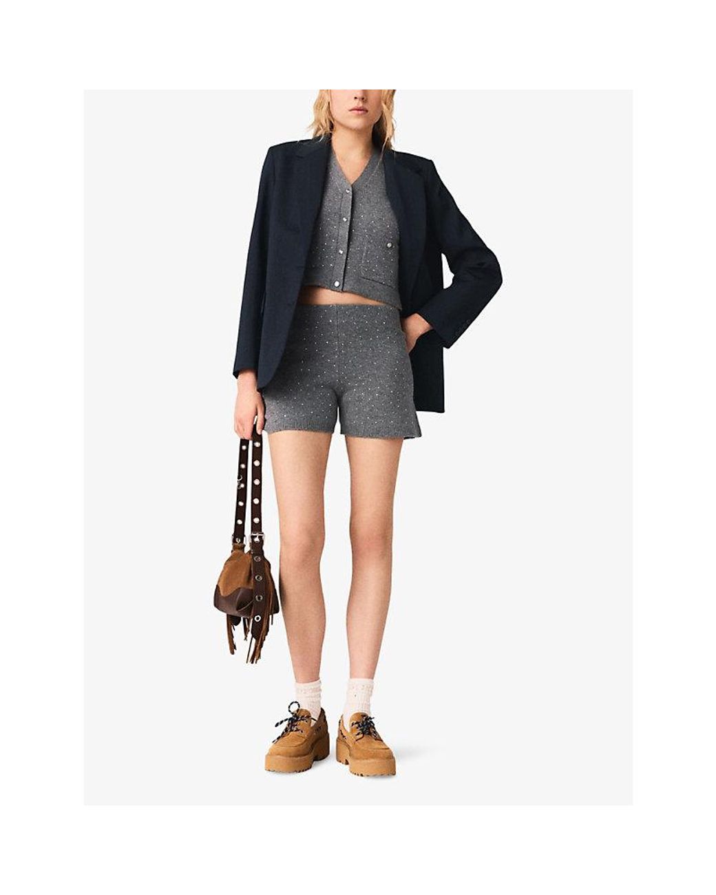 Maje Gray Rhinestone-Embellished Knitted Wool-Blend Shorts