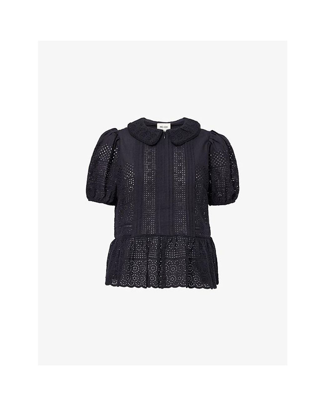 ME+EM Blue Broderie Peplum-Hem Cotton Top