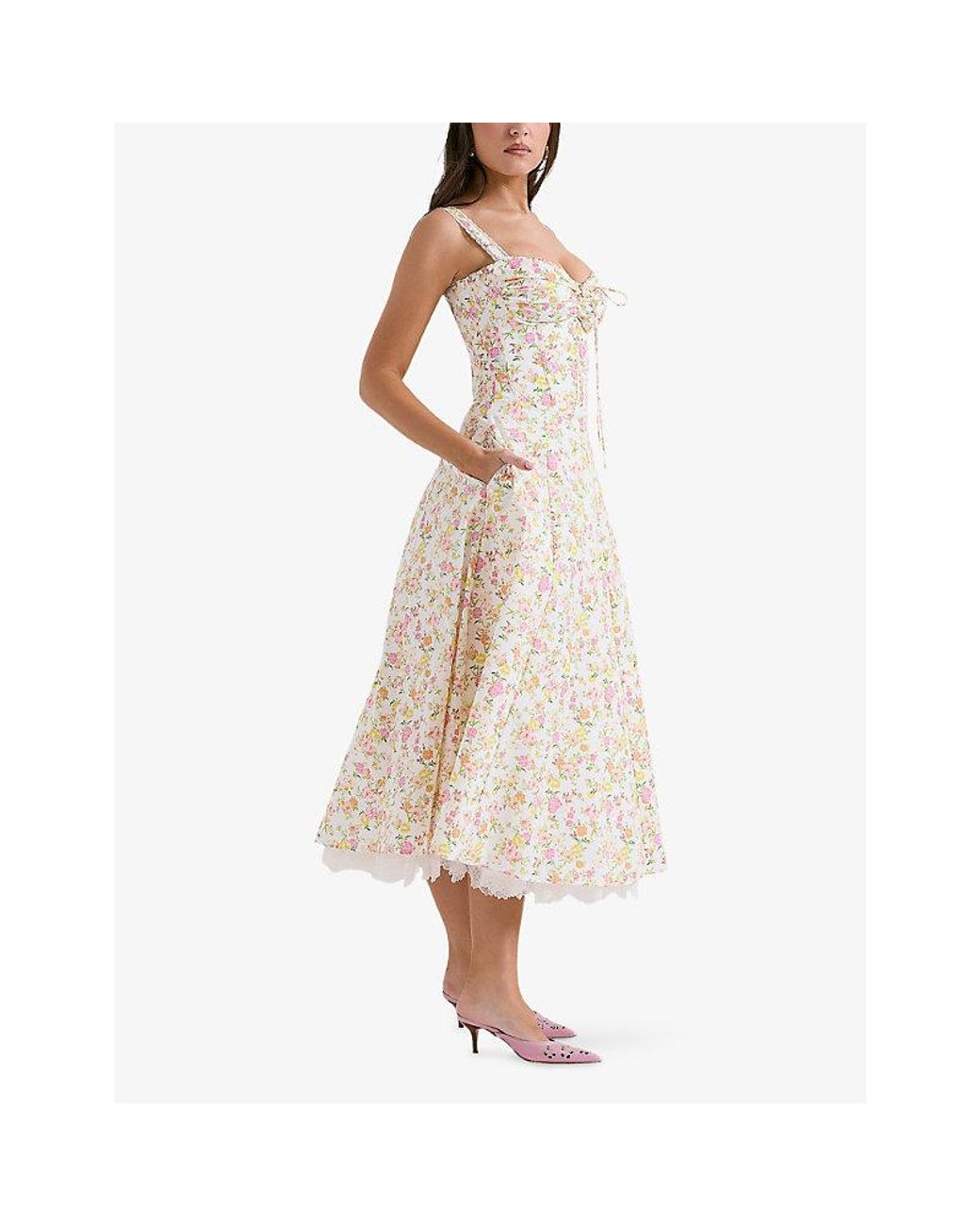 House Of Cb Natural Rosalee Floral-Print Stretch Cotton-Blend Midi Dress