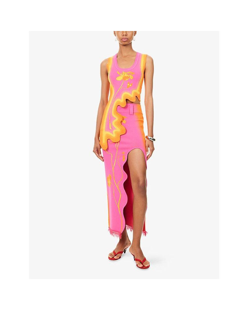 Ph5 Pink Lili Floral Stretch-Knit Midi Skirt