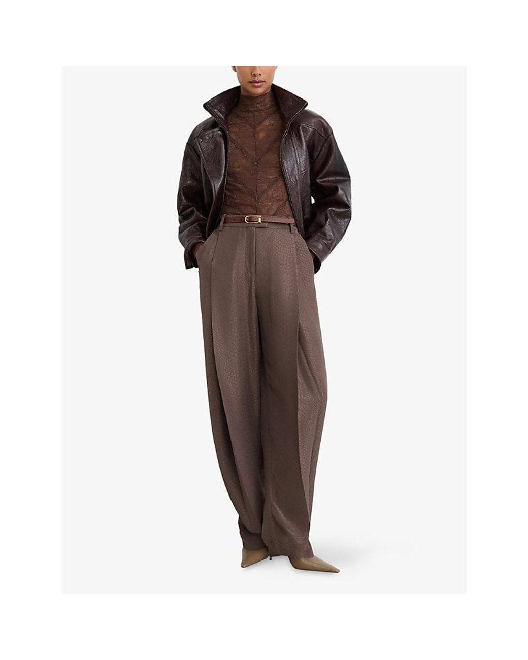 Reiss Brown Pleated Barrel-Leg Crepe Trousers