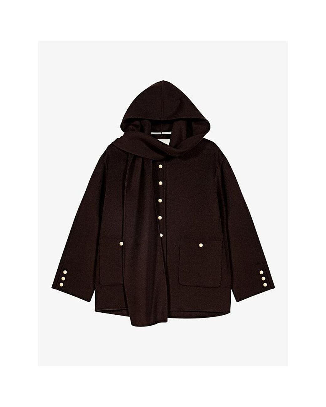 Maje Brown Hooded Button-Down Wool-Blend Scarf Jacket