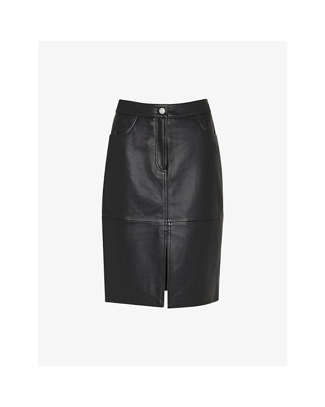 Whistles Gray Split-Hem Mid-Rise Leather Midi Skirt