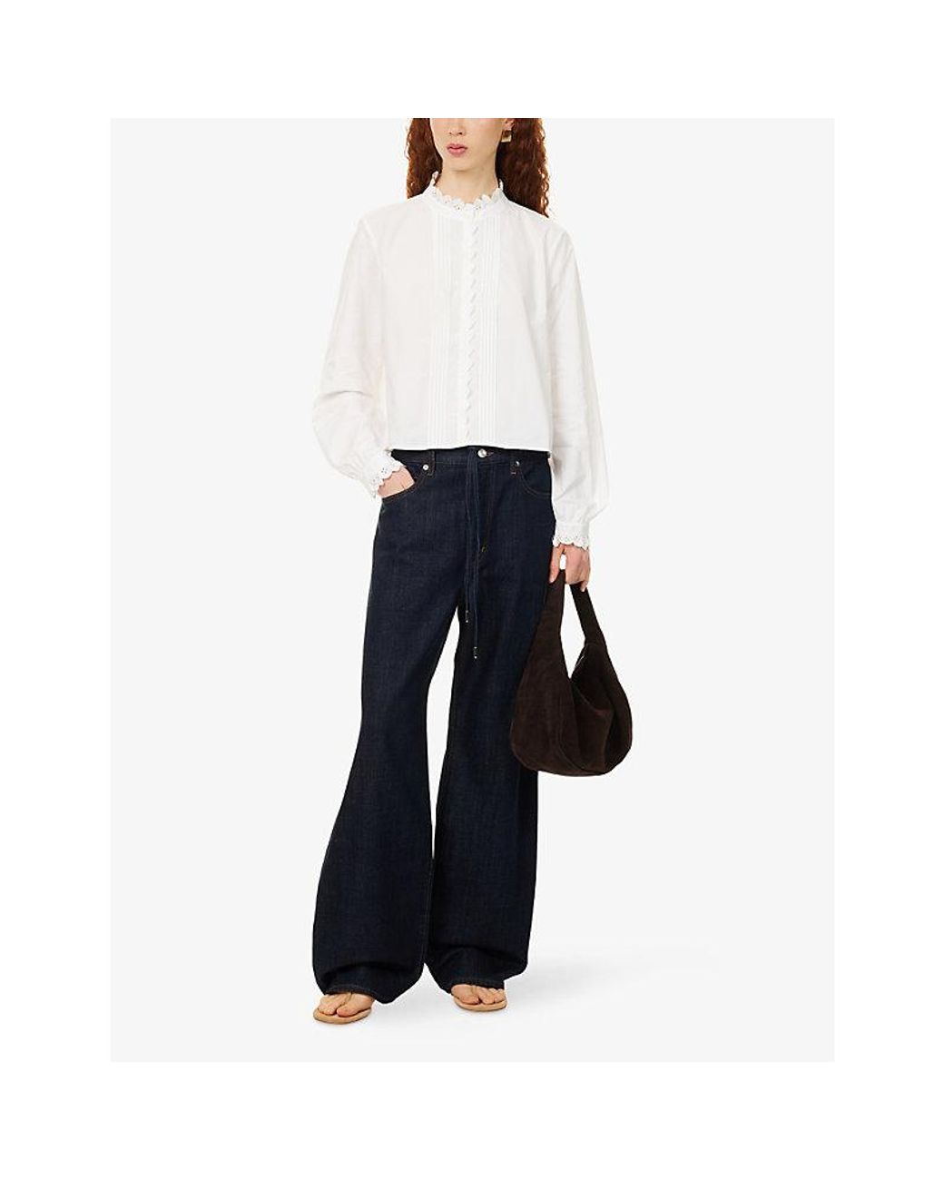 FRAME Blue Drawstring-Waistband Bow Wide-Leg Denim Jeans
