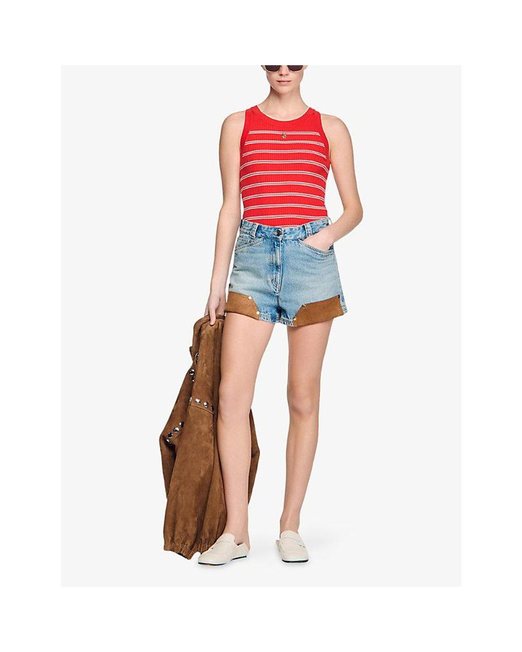 Sandro Red Stripe-Print Knitted Vest Top