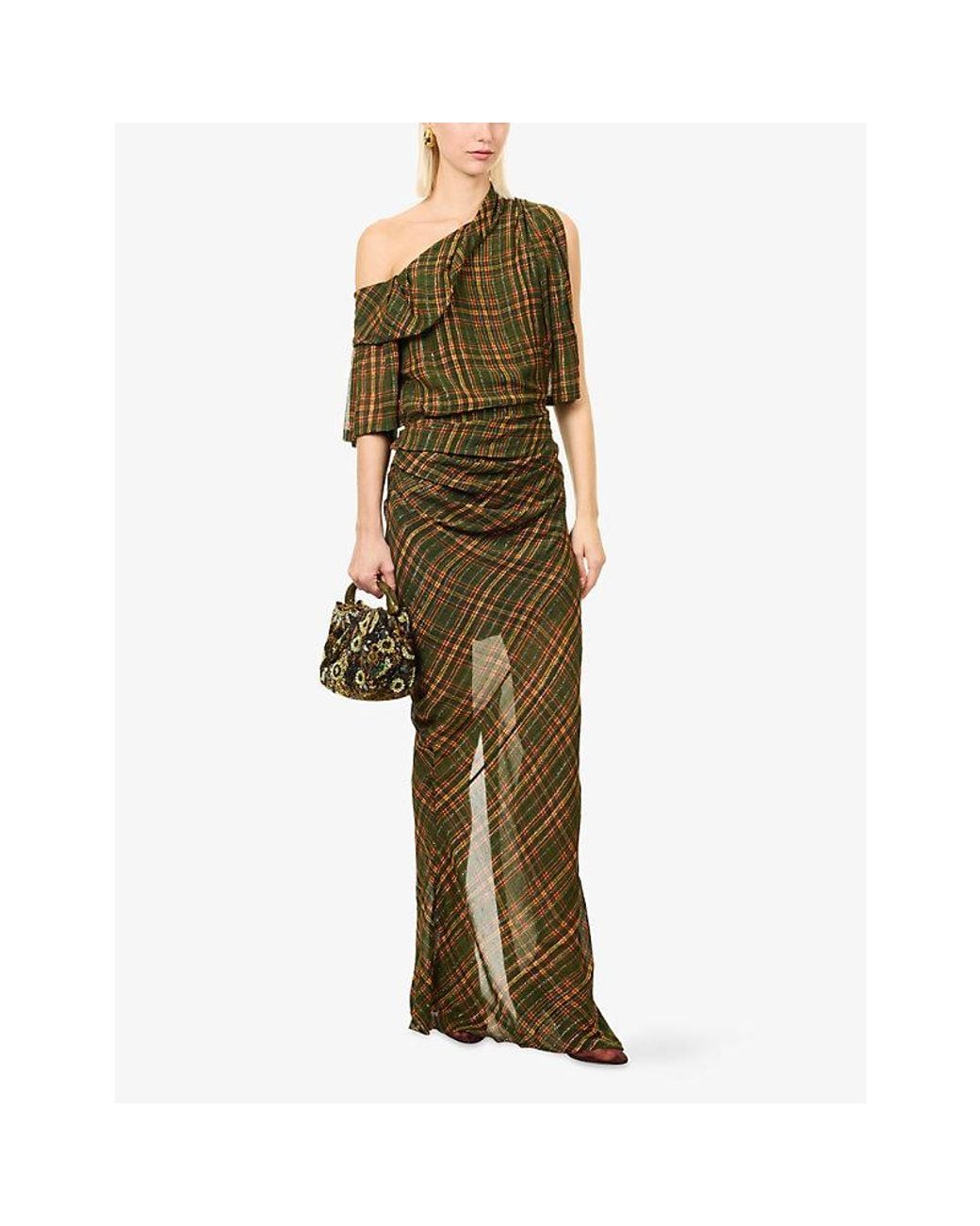 Dries Van Noten Green Dellae Metallic Tartan-Pattern Woven Maxi Dress