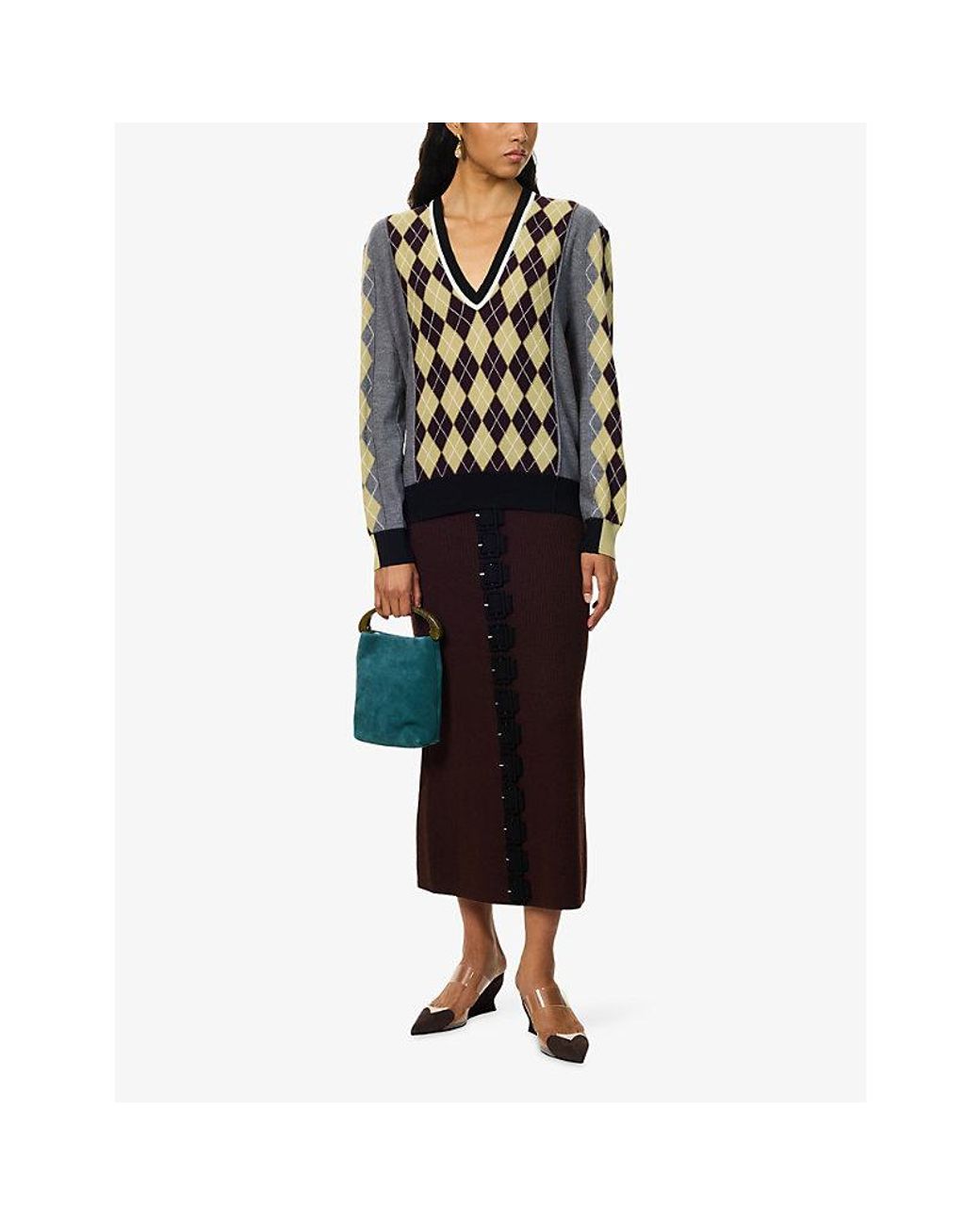 Zankov Black V-Neck Geometric-Pattern Wool Jumper