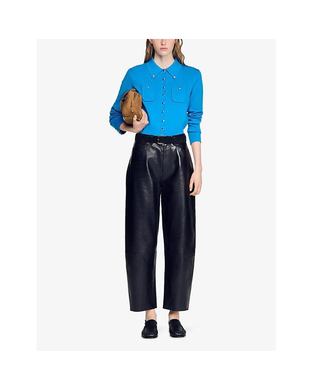 Sandro Blue Button-Embellished Patch-Pocket Wool-Blend Cardigan