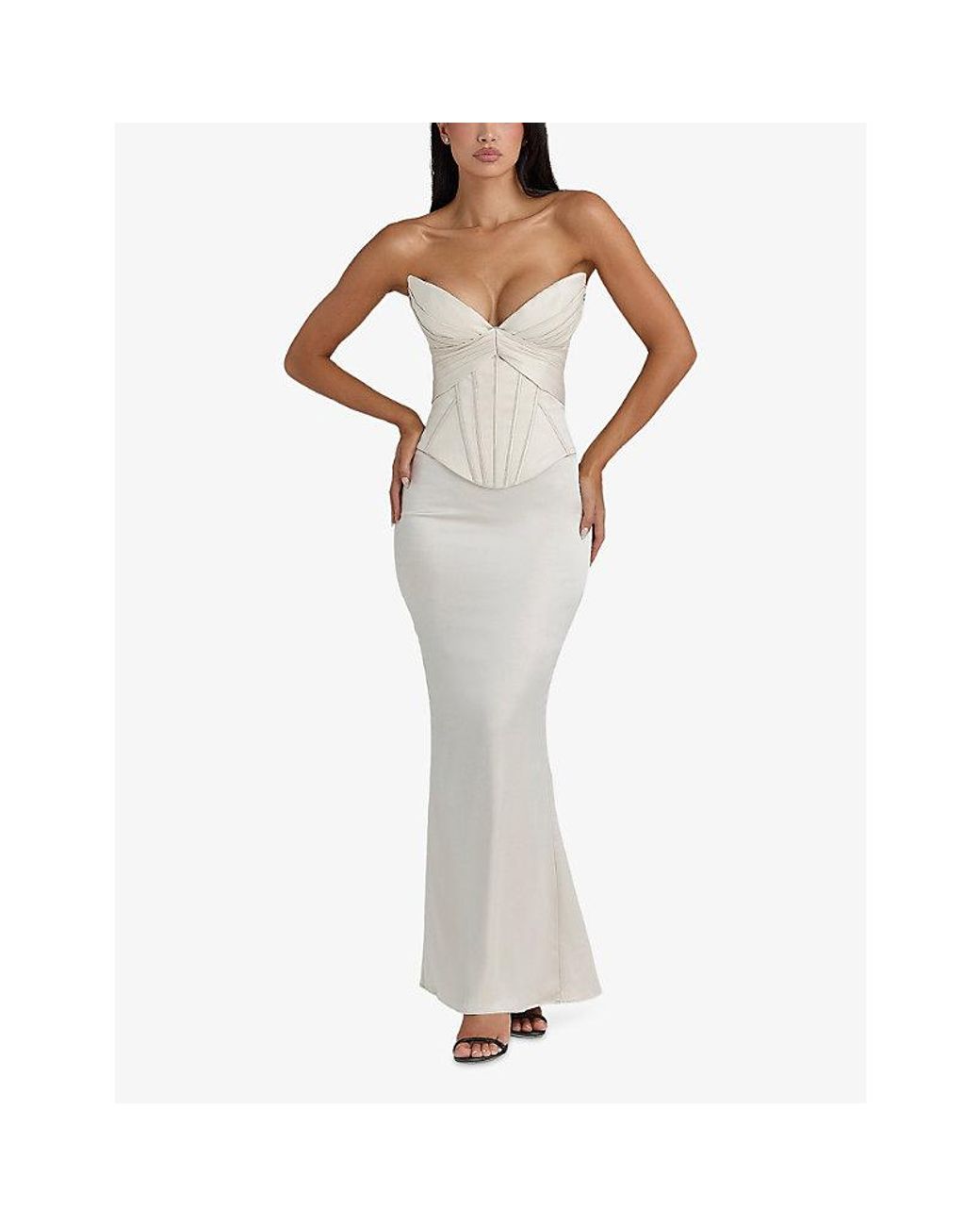 House Of Cb White Eve Satin Corset Maxi Gown