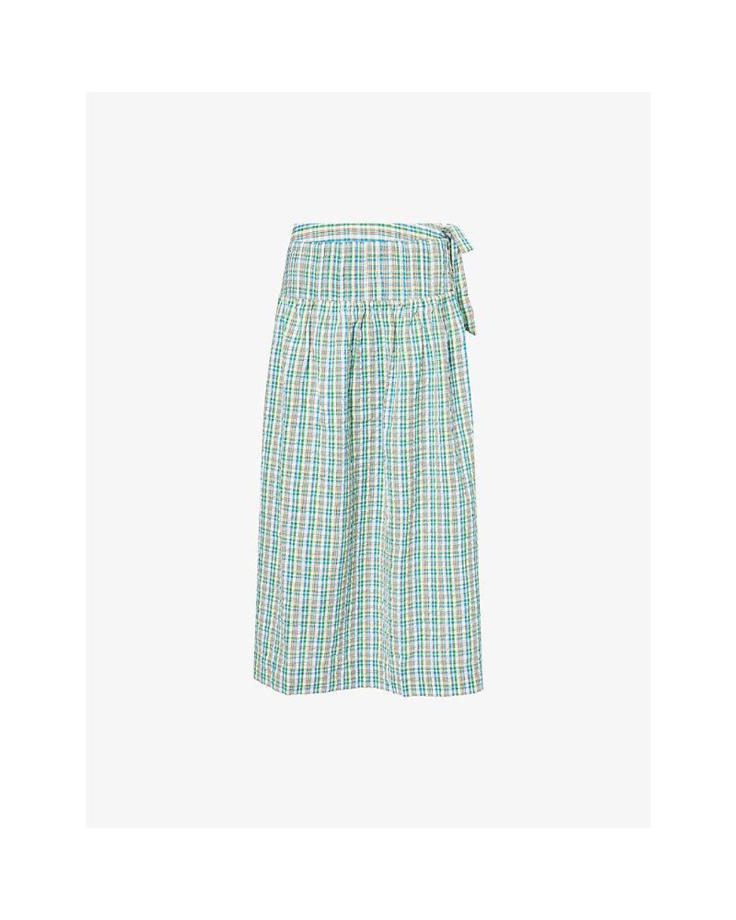 Damson Madder Blue Josie Checked Cotton Midi Skirt