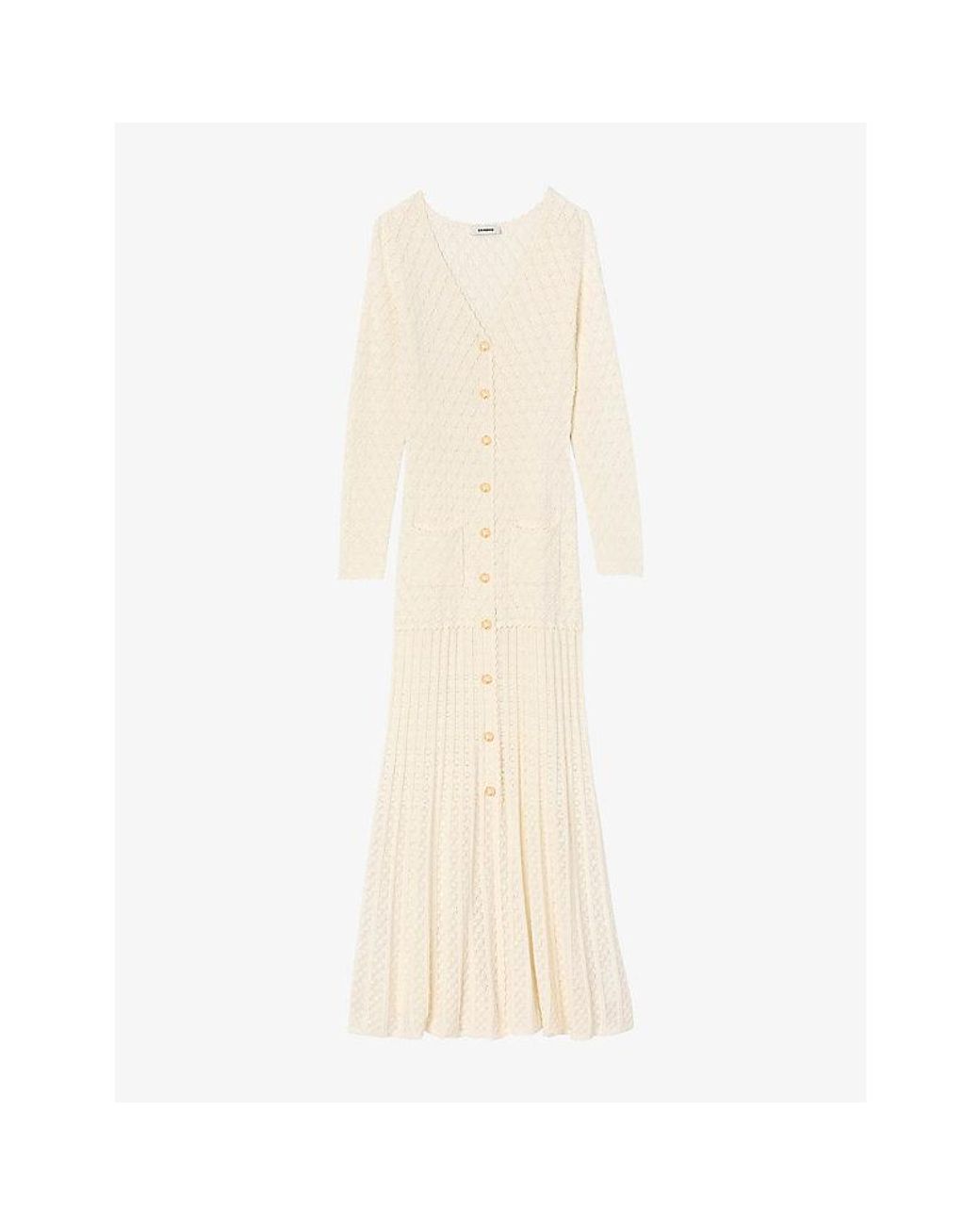 Sandro Natural Long-Sleeve Flared Open-Knit Maxi Dress