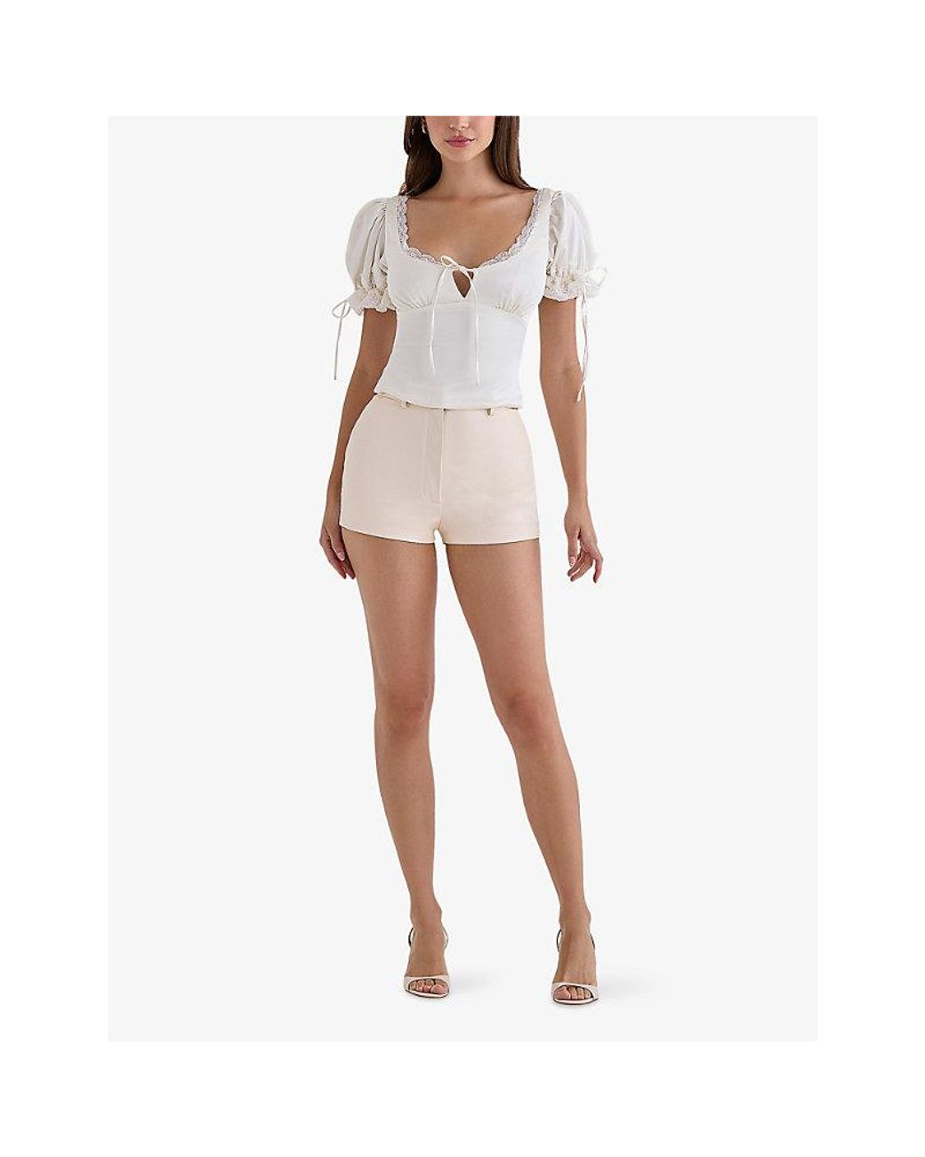House Of Cb White Elisabetta Puff-Sleeve Lace-Trim Woven Top