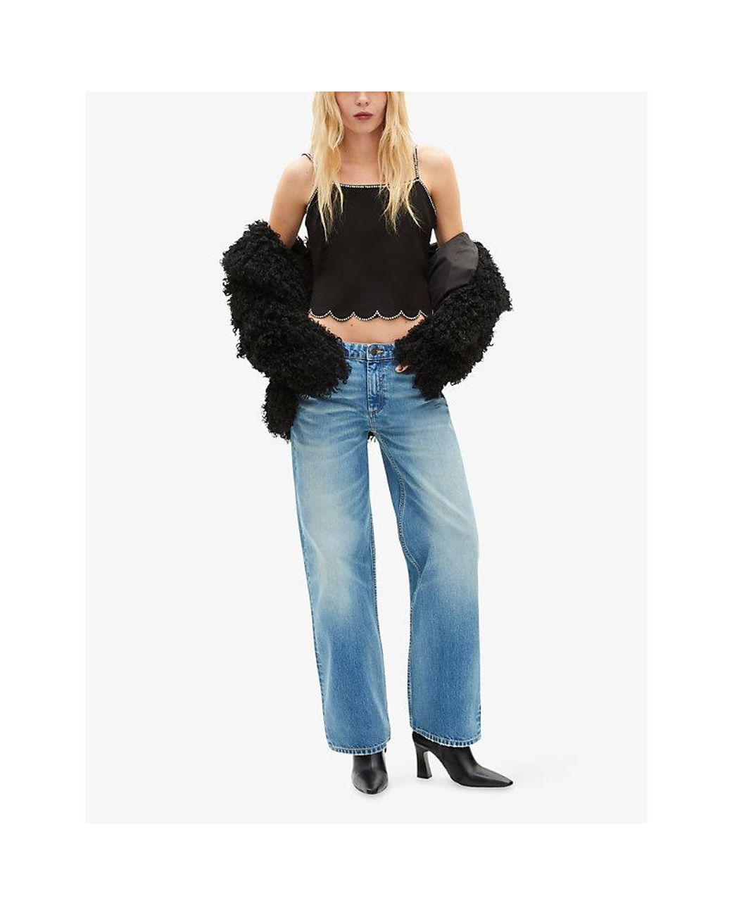 The Kooples Black Embellished Scalloped-Hem Woven Cami Top