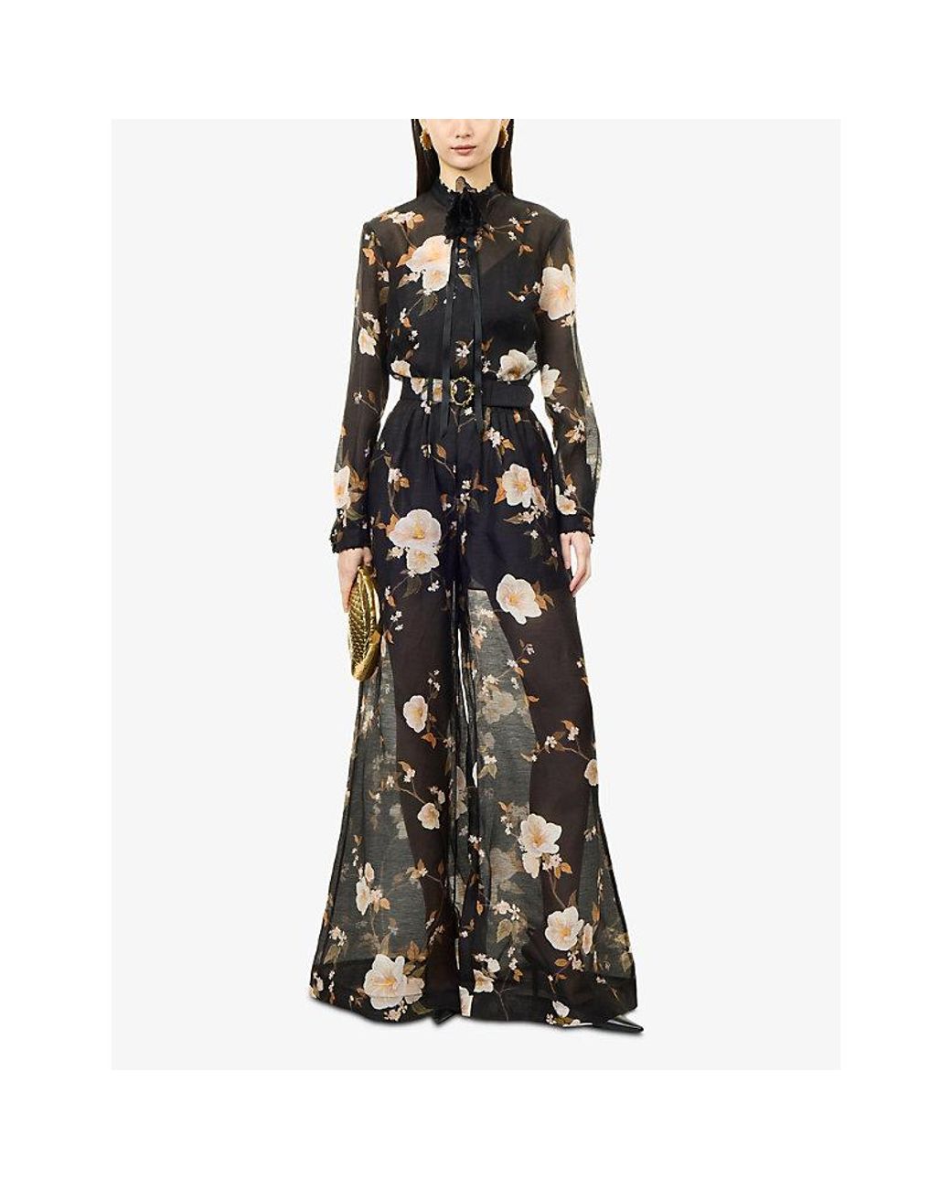 Zimmermann Black Ascent Pleat Floral Silk-Linen Trousers