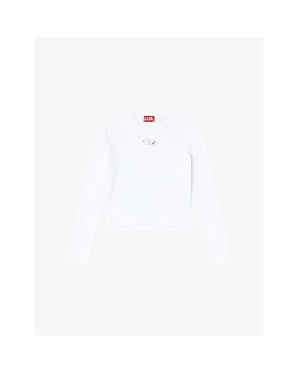 DIESEL White T-Uncutie-Long-Ls-Od Brand-Embellished Cotton-Jersey Top