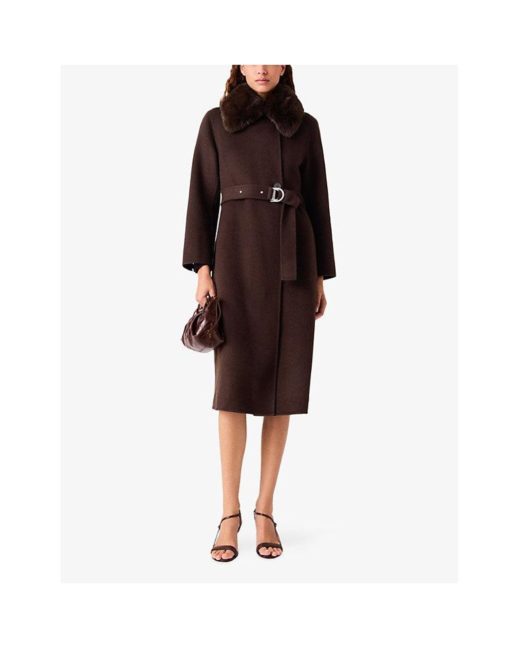 Maje Brown Faux Fur-Collar Belted Wool-Blend Coat