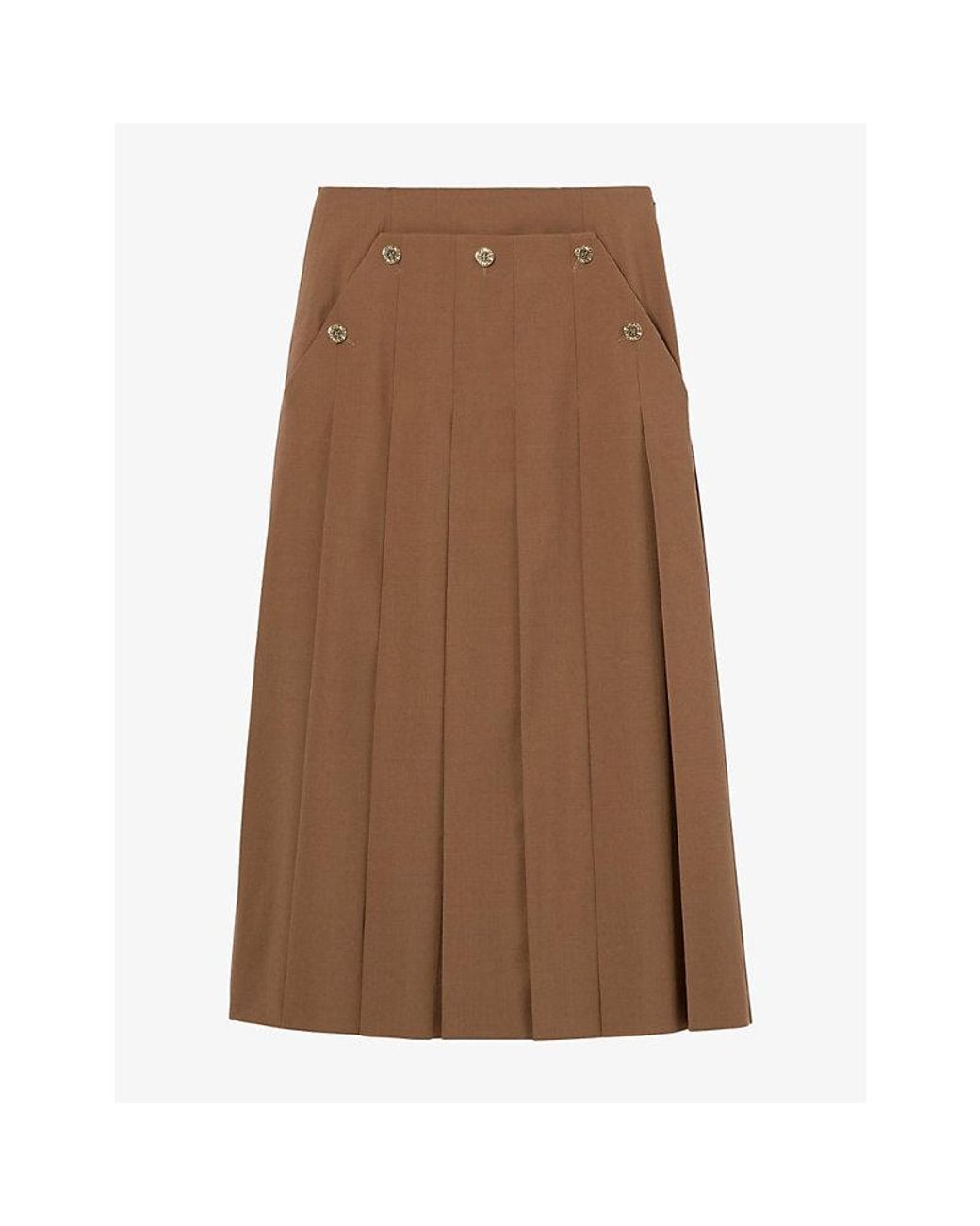 Claudie Pierlot Brown Button-Embellished Pleated Wool-Blend Midi Skirt